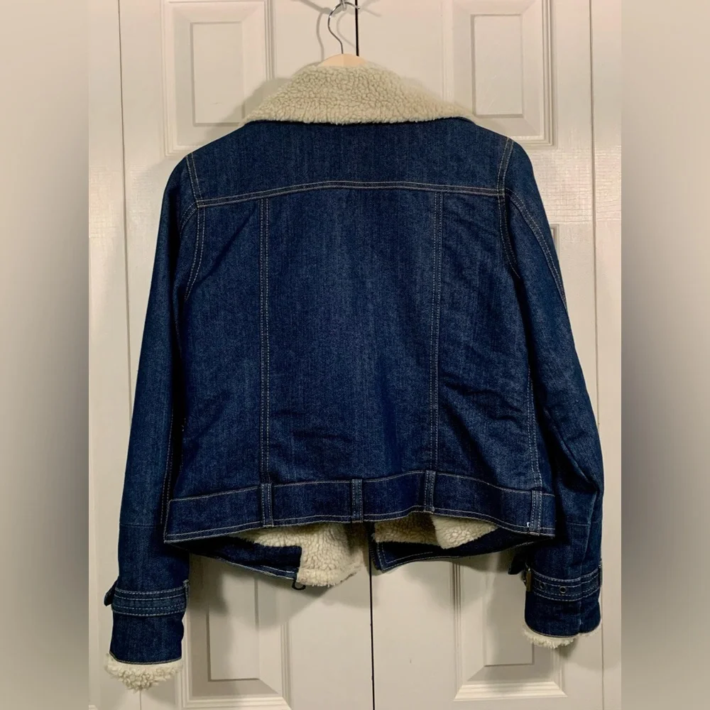Vegan Shearling Dark Denim Moto Jacket - Picture 2 of 6